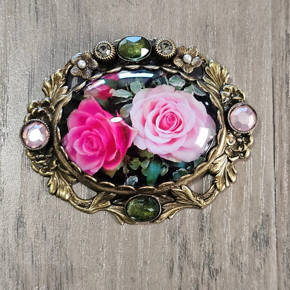 Sweet Romance Vintage Roses Lithograph Brooch Pink & Gold